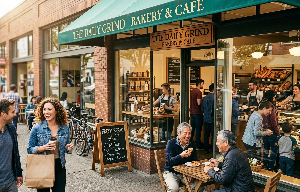 Busy local business storefront with customers