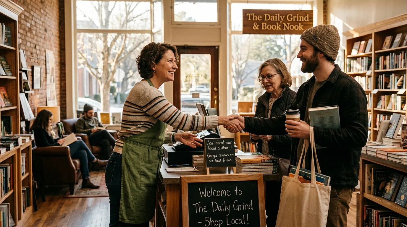 Small business owner helping customers, highlighting local SEO importance